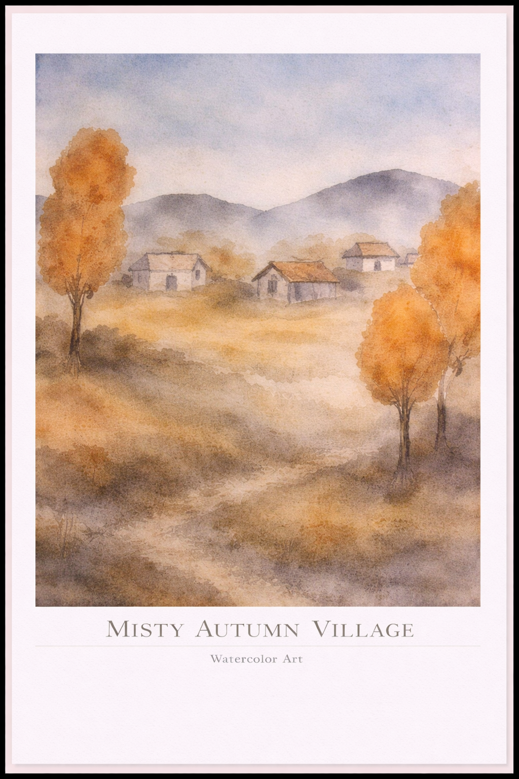 Misty Autumn Village – Watercolor Art Poster